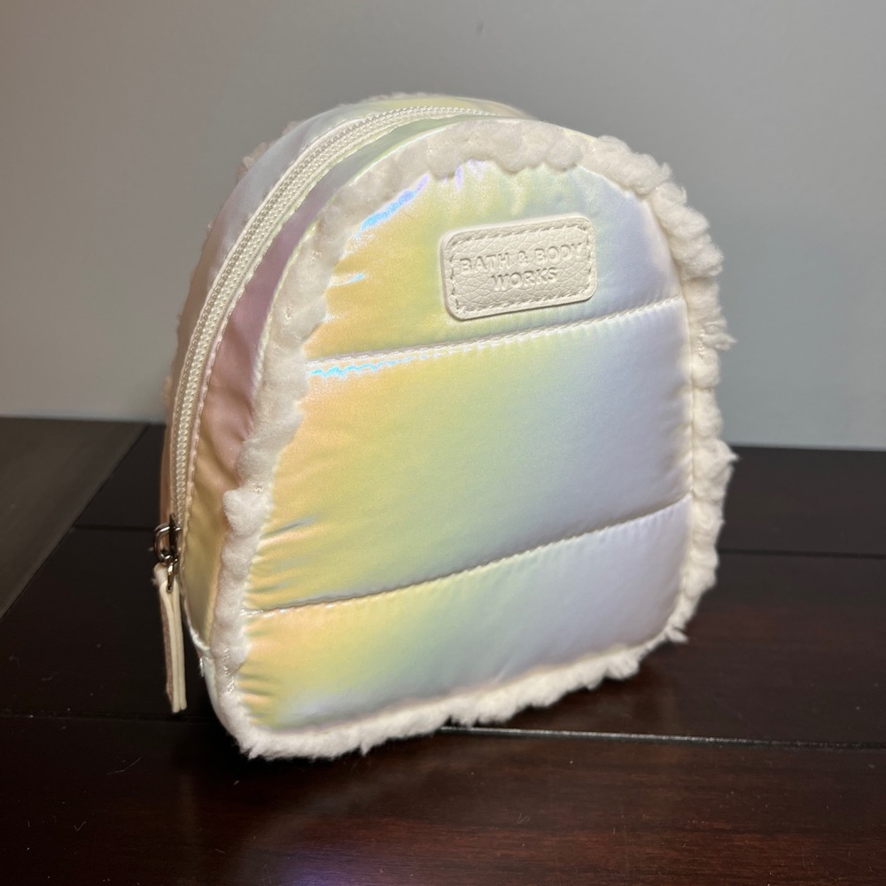 Bath and body works bbw iridescent puffer backpack cosmetic bag mini bag